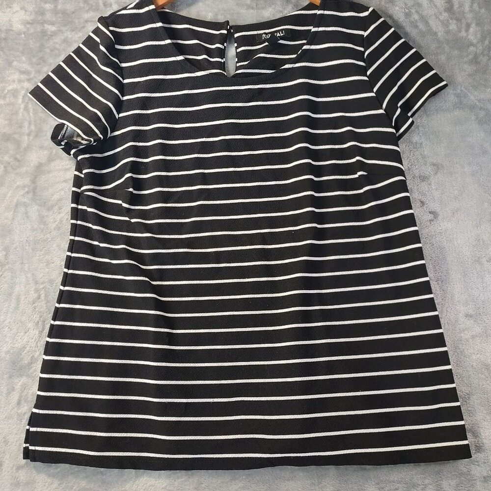Roz & Ali Womens Striped Short Sleeve Top L Black White USA Made Stretchy Casual